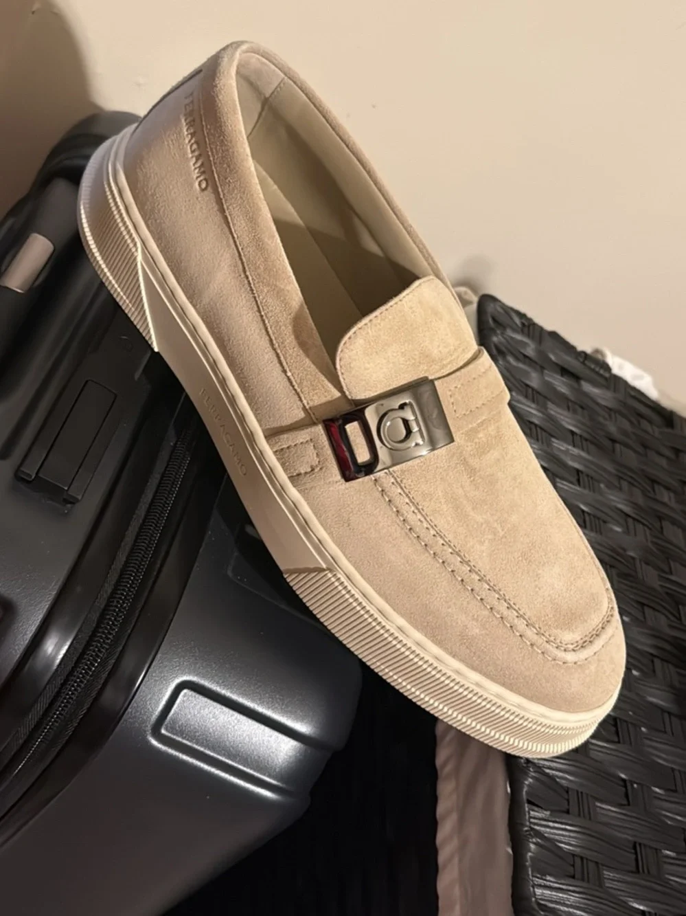 Salvatore Ferragamo Men’s Sand Suede Slip-On Loafer with Gancini Hardware